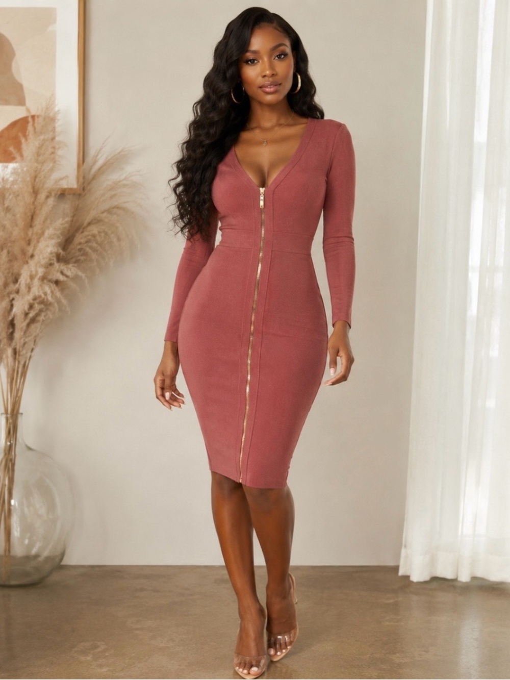 Ribbed Rib Knit Bodycon Zip-up Midi Dress Size S Cocktail Quiet Luxury